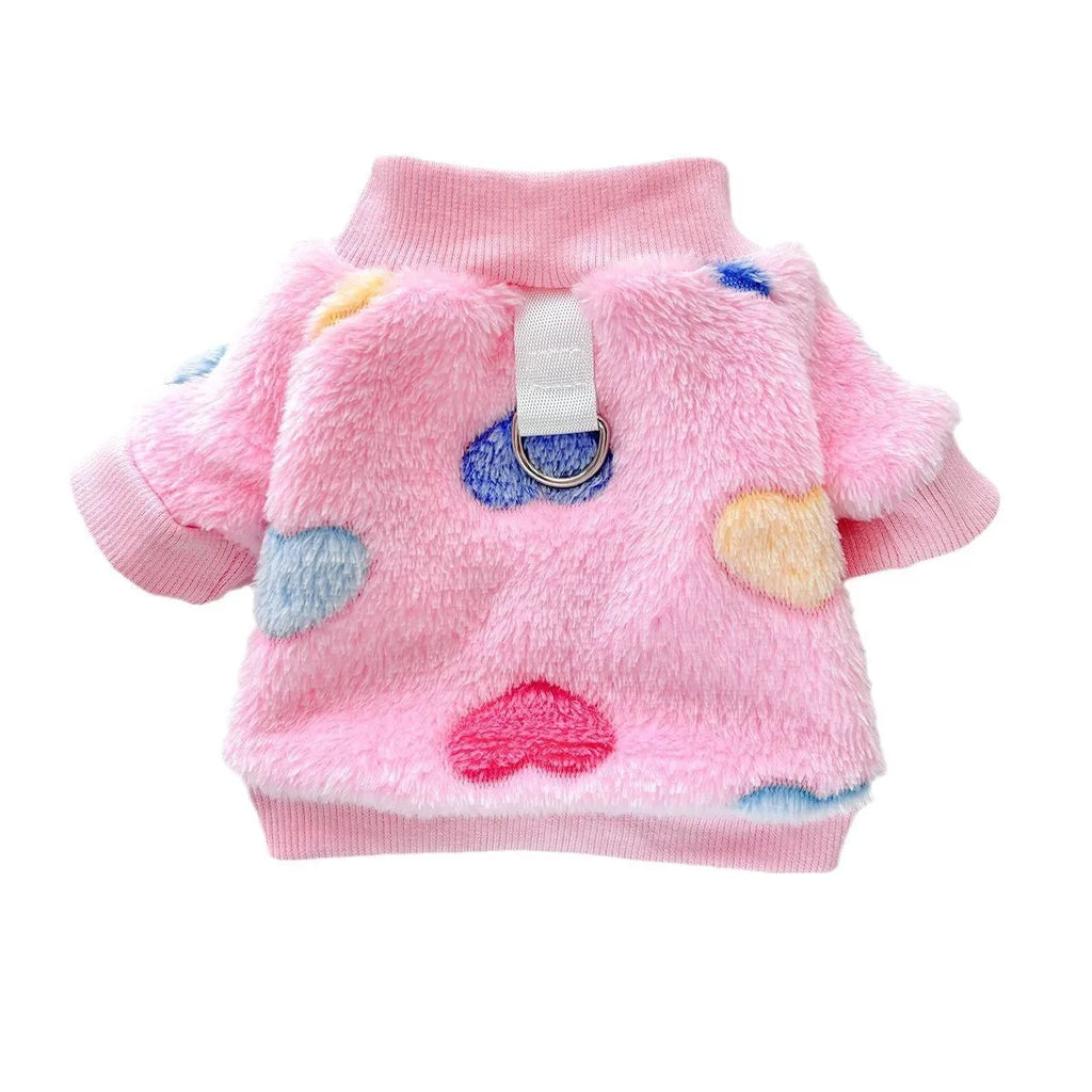 Flannel pet clothing in pink love pattern on a light background, cotton material, available from XS to XXL