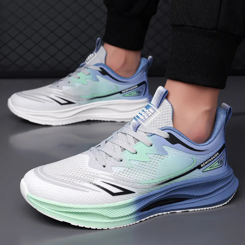 Men's casual mesh shoes in black, blue, and green colour options with round toe and rubber sole