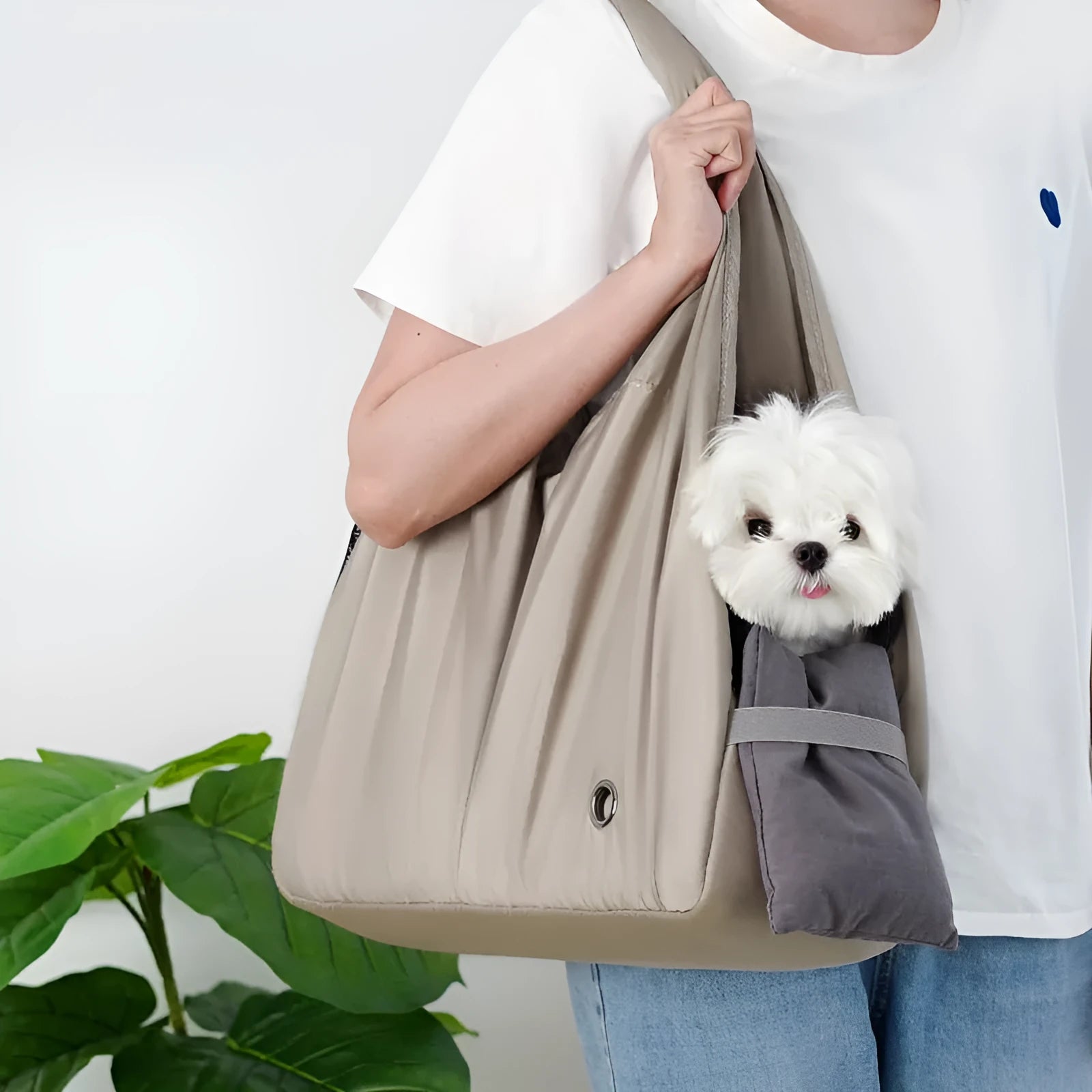 Apricot cloth pet handbag measuring 41cm long for small dog or cat summer transport