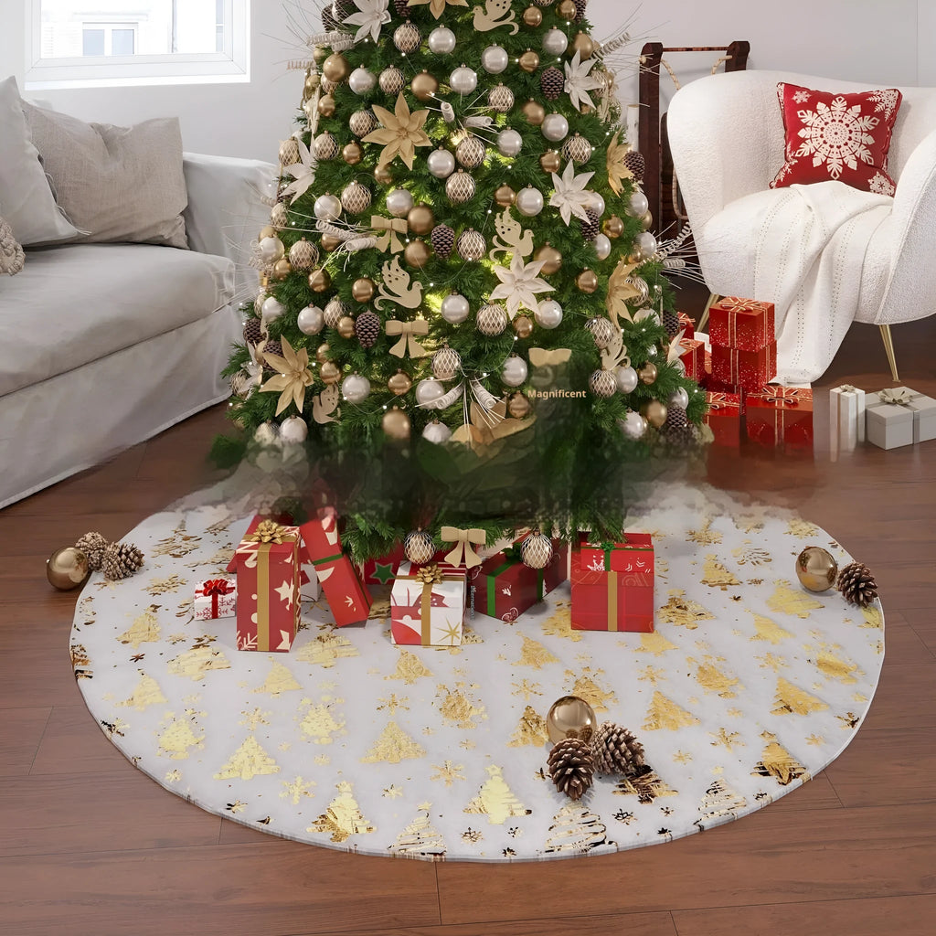 Plush Christmas tree style rug mat in red and green for festive floor decoration.