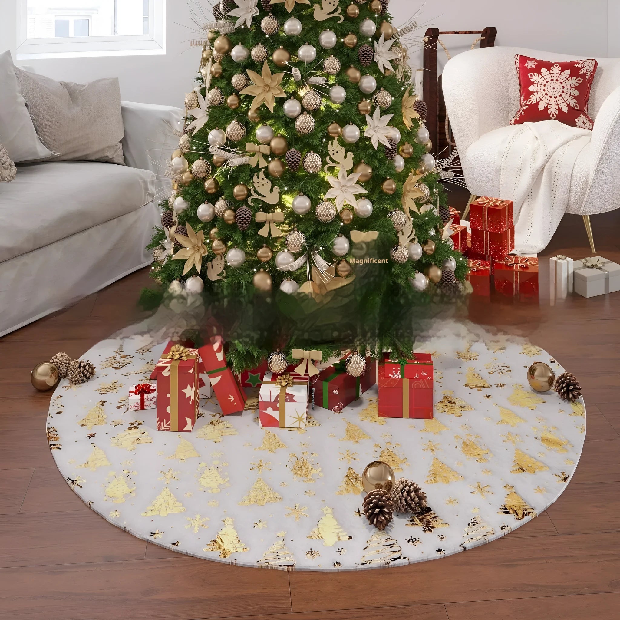 Plush Christmas tree style rug mat in red and green for festive floor decoration.