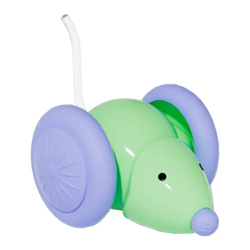 Interactive cat toy electric mouse car in green and white with obstacle avoidance on a living room floor