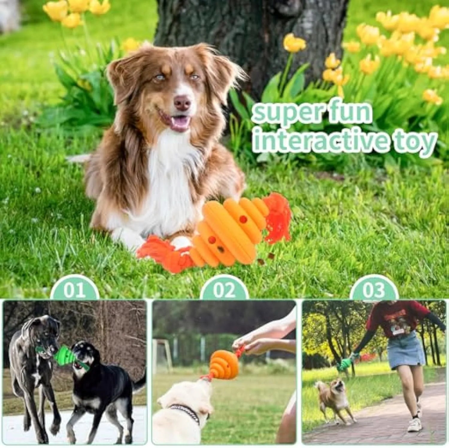 Green and yellow food-dispensing silicone dog ball with an attached rope for tug-of-war.