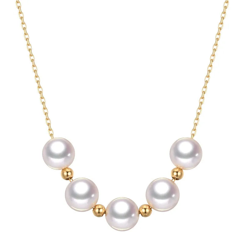 Sky Star 18K gold pearl necklace with round sea pearl 7.5-8mm and adjustable 45cm chain on white background