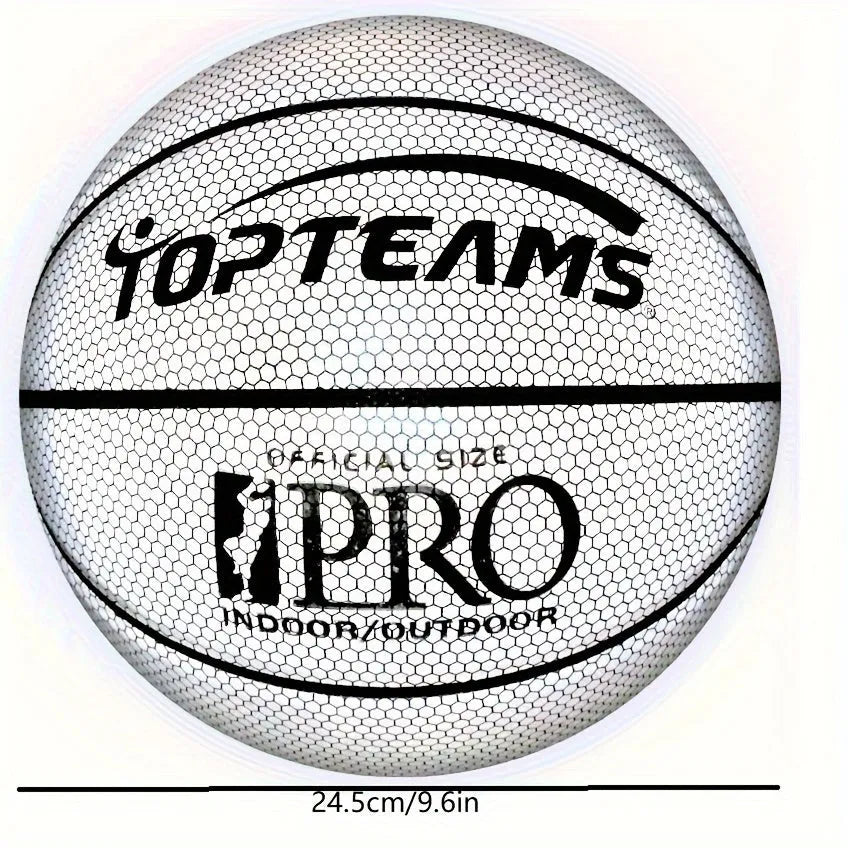 No. 7 size fluorescent basketball with holographic reflective surface on a court.