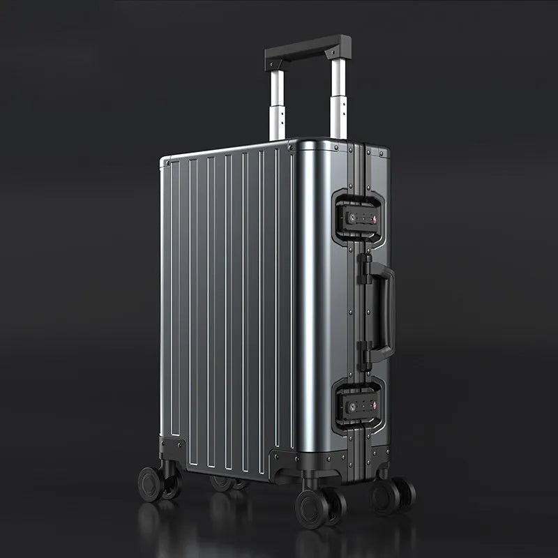 Aluminium magnesium alloy travel suitcase with striped pattern in silver colour, 24-inch size, metal hard shell construction