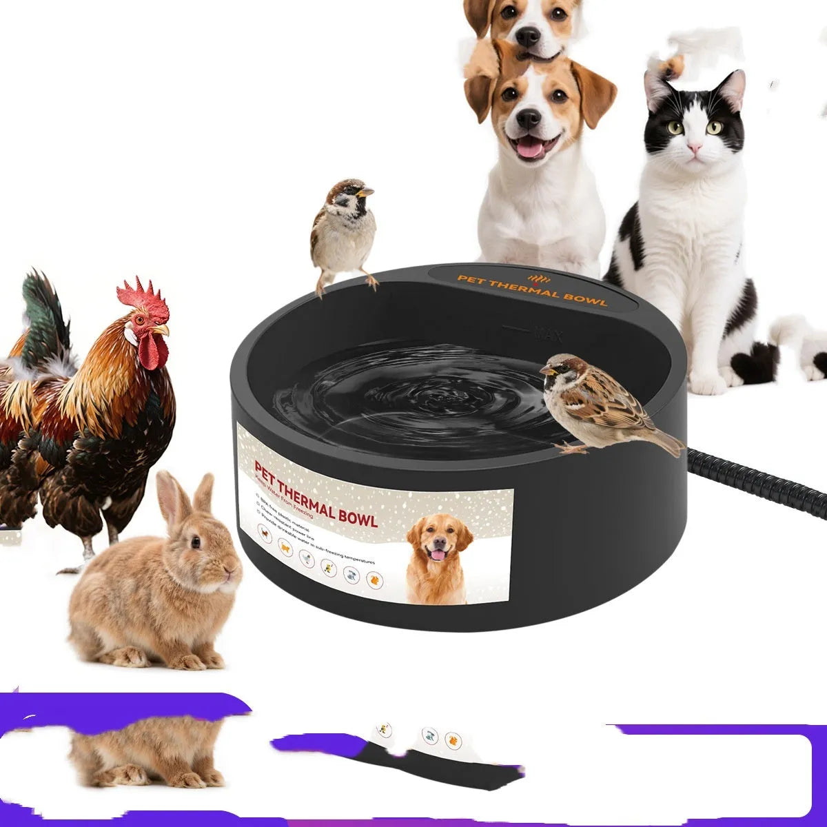 Black ABS plastic electric heating bowl for pets with 2.2 litre capacity.