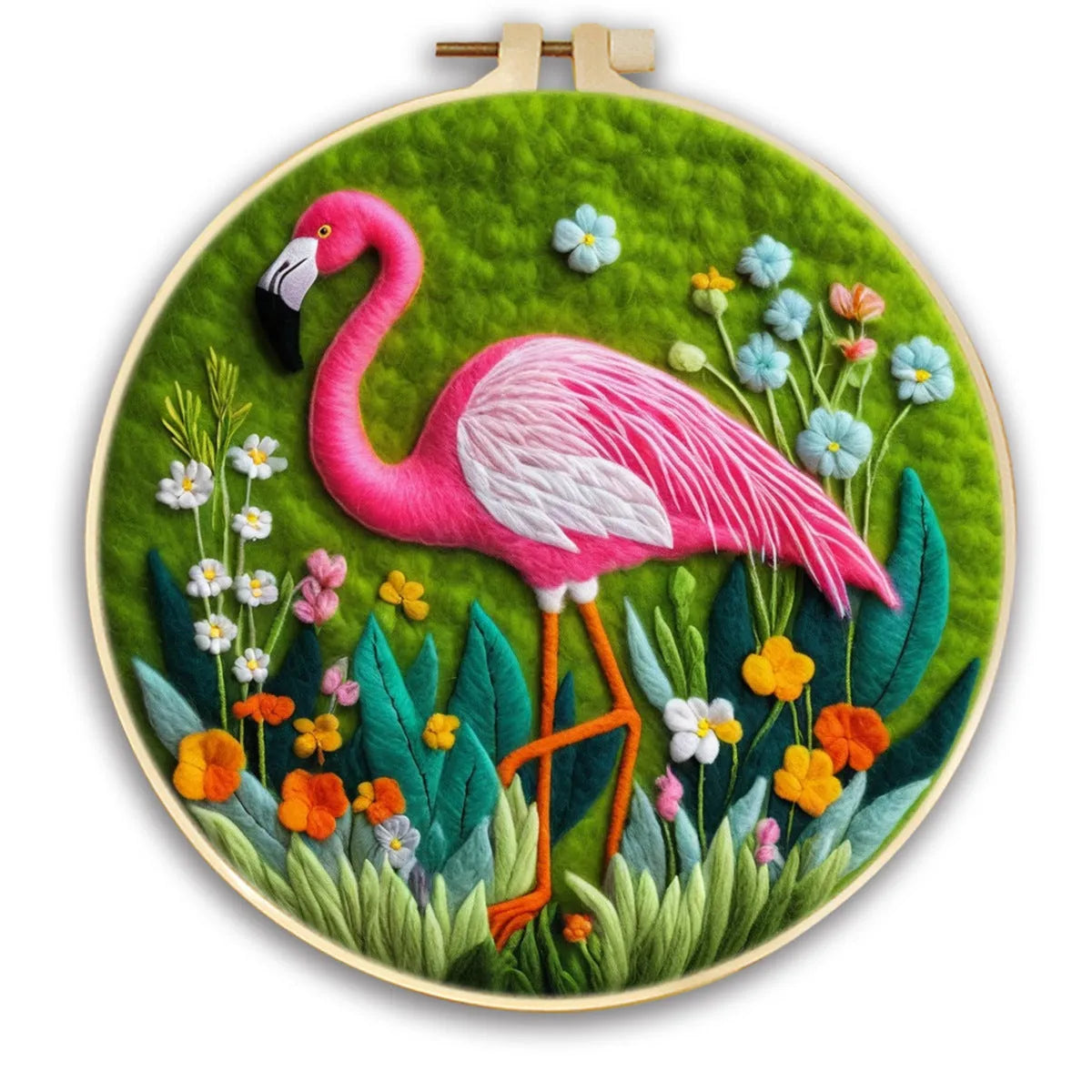 Round 20x20 cm linen embroidery kit with wool felt pieces for floral design and included embroidery frame.