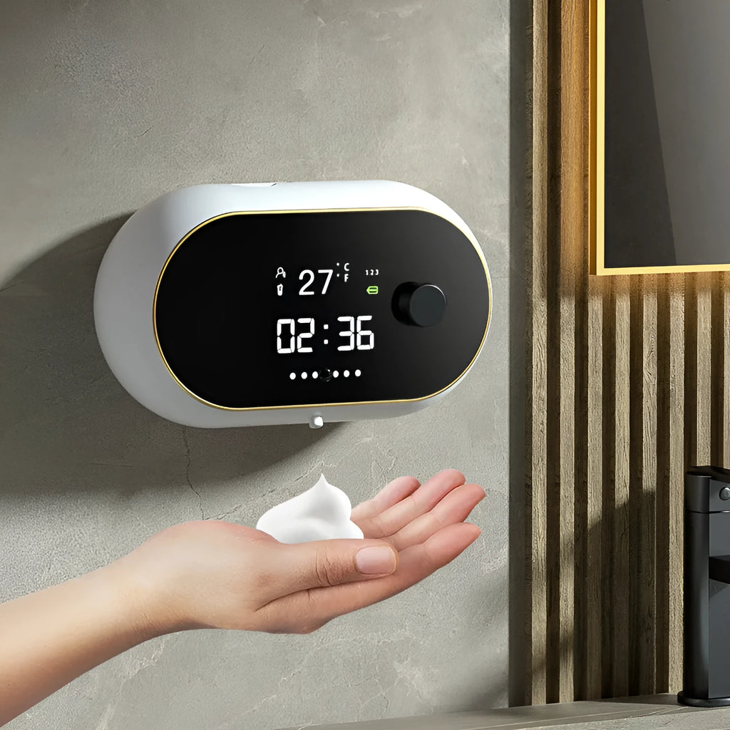 White automatic wall-mounted touchless foam soap dispenser with USB cable
