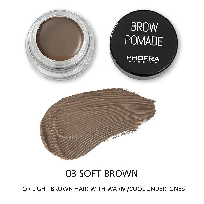 Phoera Eyebrow Cream in six colour shades with double-ended brush, taupe and soft brown pots visible