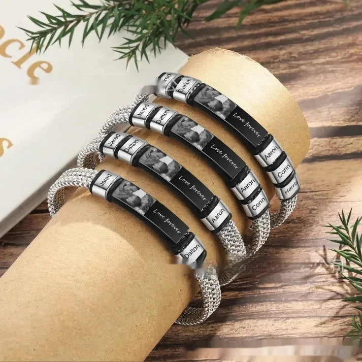 Men's titanium steel and leather rope lettering bracelet with heart-shaped exotic design.