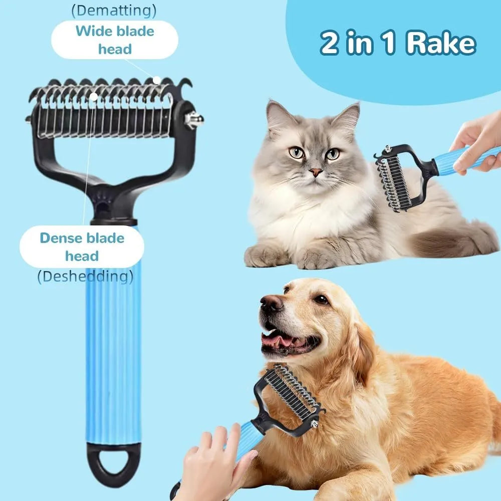 Pet dematting comb with double-sided stainless steel teeth in blue colour