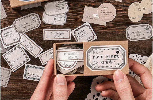 45 mini label base paper sheets with retro patterns in Kraft paper box, 62x45mm, four-colour printing