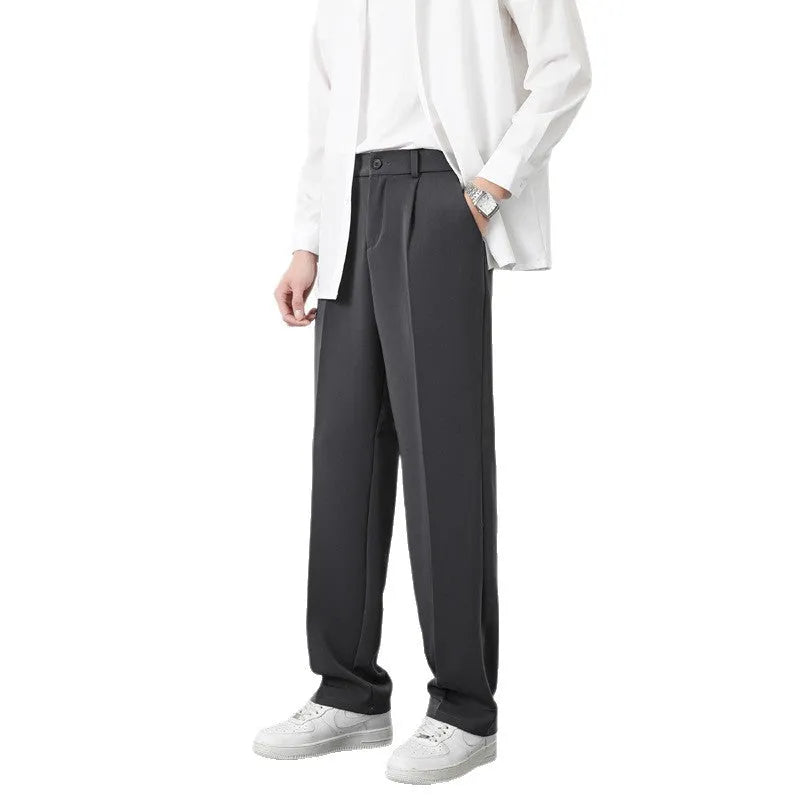 Men's fleece-lined casual trousers in solid colour, mid waist with zipper fly, Ice Silk fabric