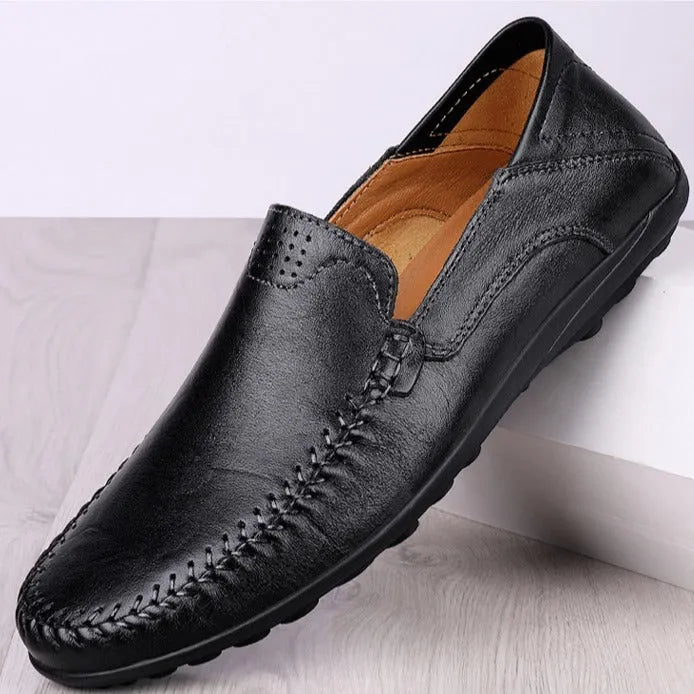 Men's brown leather business casual shoes with round toe and flat heel design