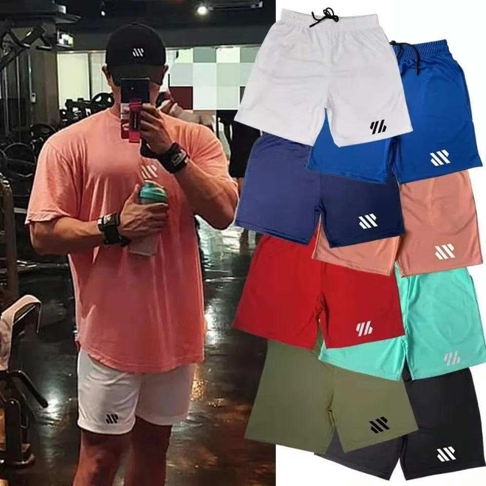 Men's loose black metal silk polyester sports shorts for running, laid flat.