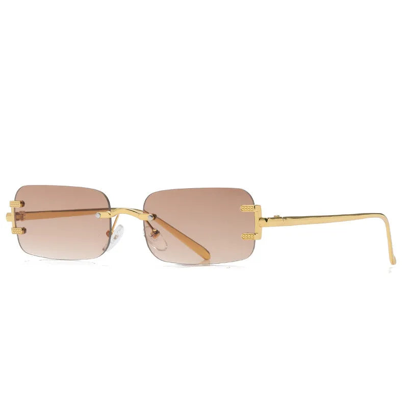 Retro square frameless sunglasses with gold metal frame and black/grey AC lenses