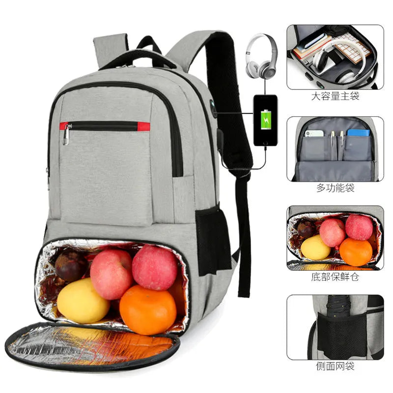Oxford cloth insulated picnic backpack with curved straps, shown in light grey colour with pull rod belt attached.