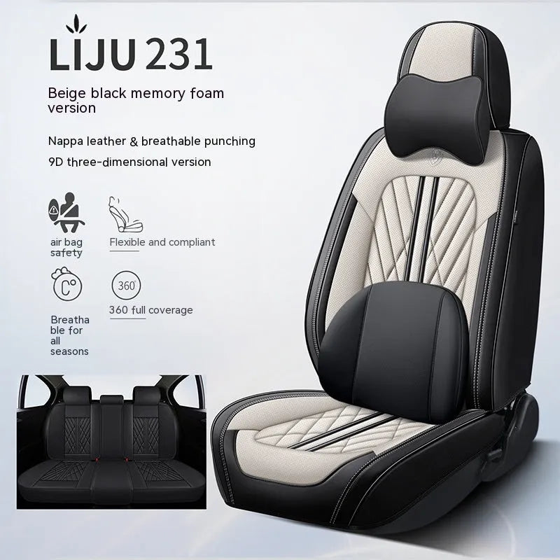 Set of five leather car seat cushions in a choice of colours including black and blue, and beige black.