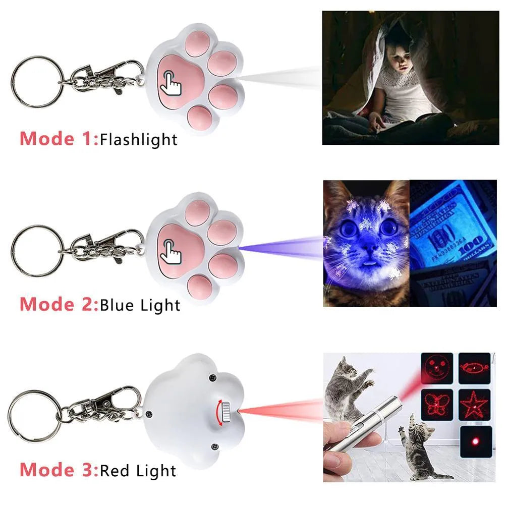 Pink and black USB rechargeable infrared cat teaser toy with keychain and lighting functions