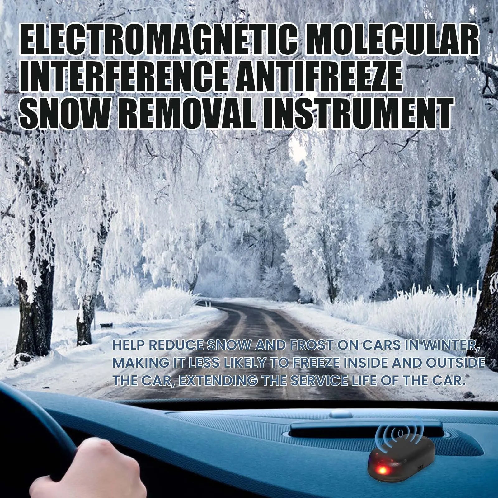 Black handheld car deicing tool with special glass component on a white background.