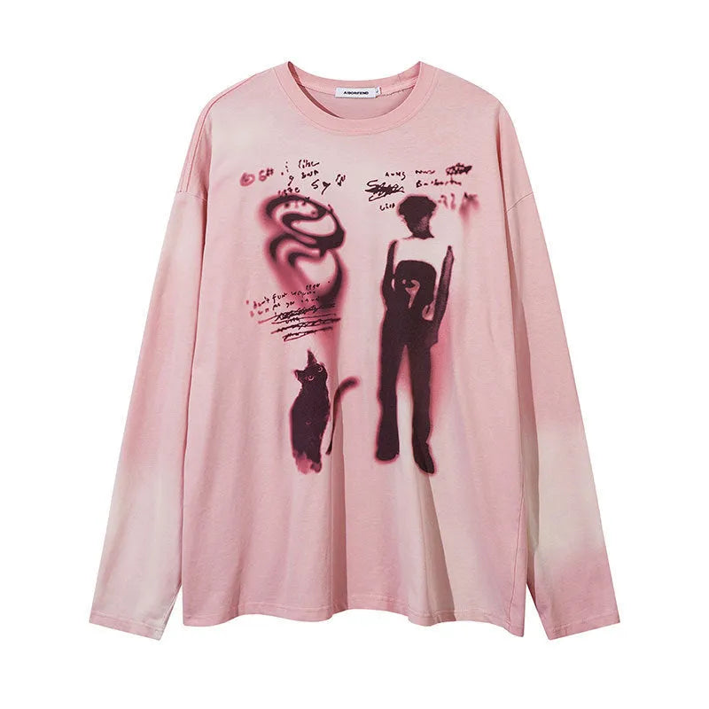 Loose grey cotton pullover top with drop shoulders and letter pattern print