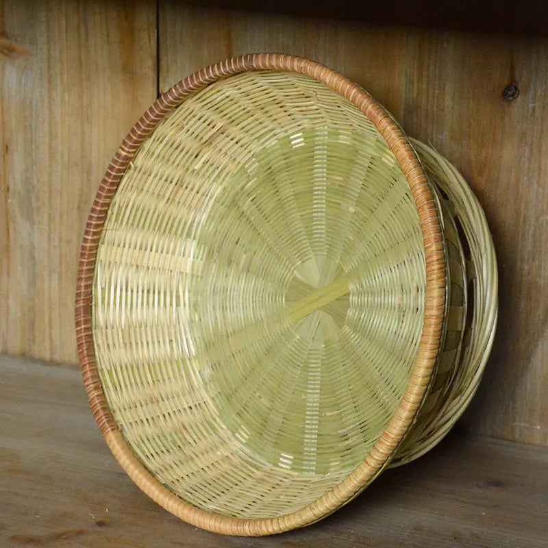 Handmade natural bamboo storage basket shown in three size variants for home organisation.