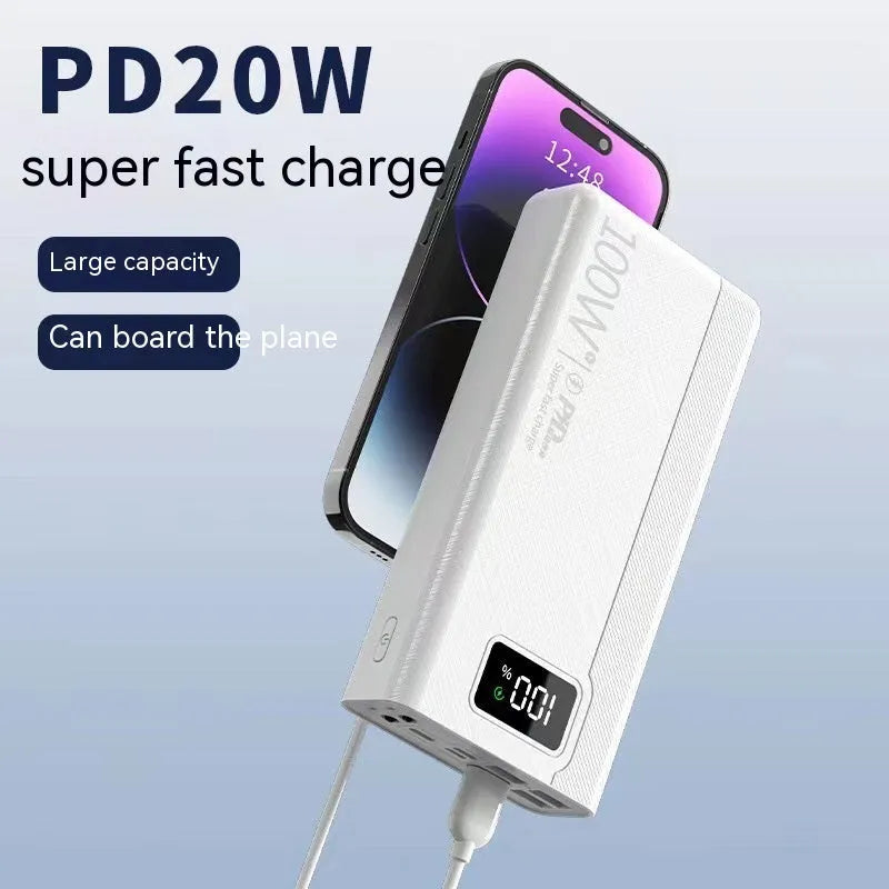 Large capacity power bank in black or white with plastic shell, showing fast charging capability and multiple capacity options
