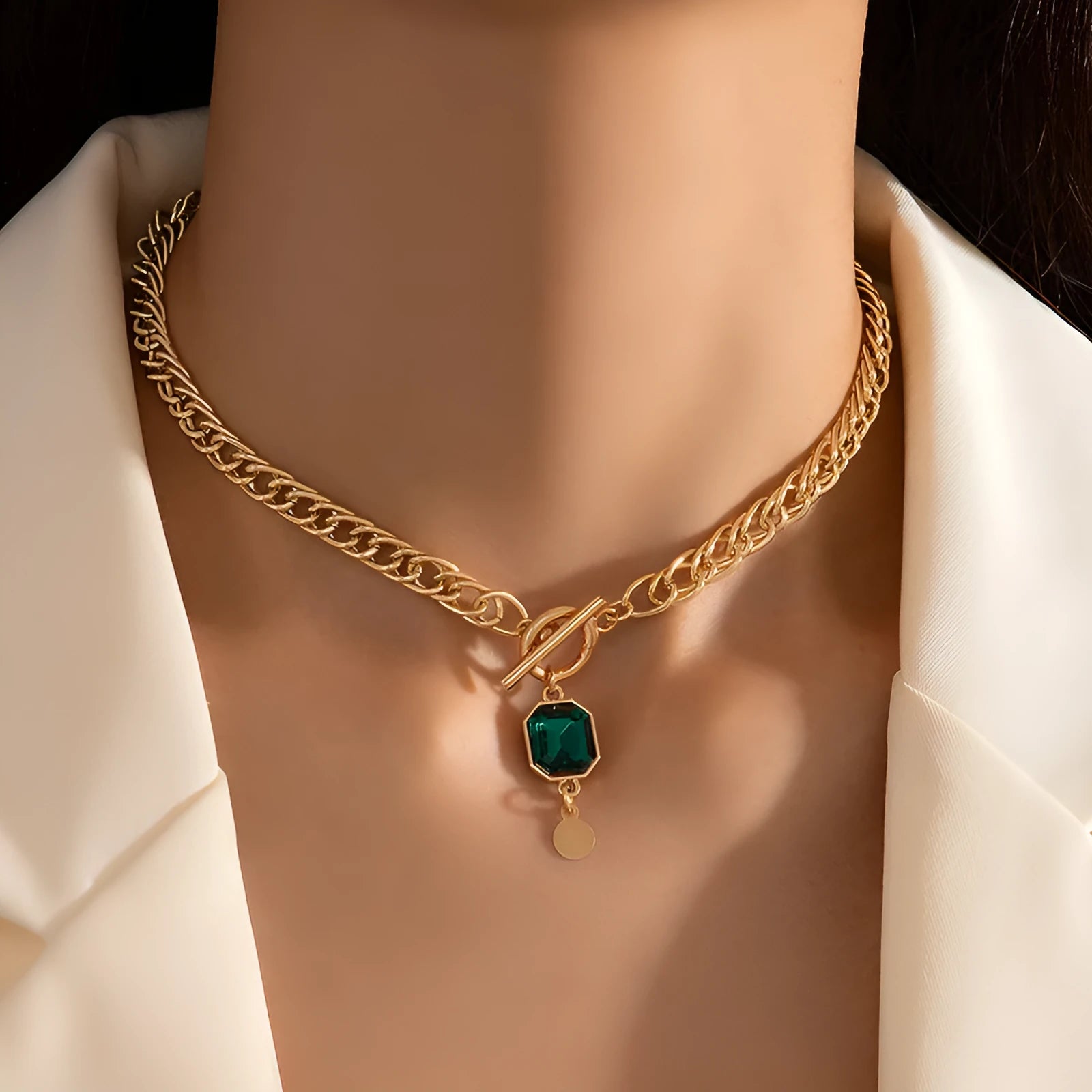Gold colour French retro geometric pendant necklace with emerald zircon on a titanium steel Cuban link chain