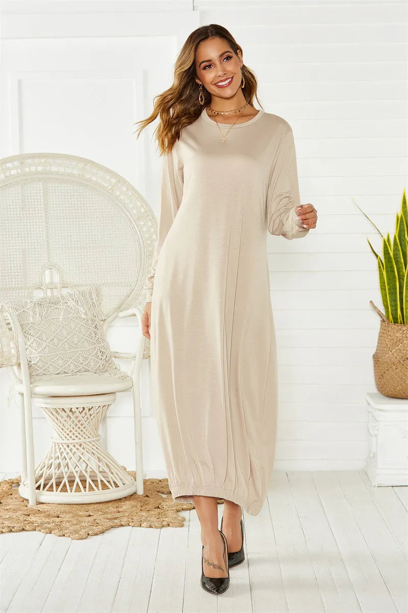 Black loose lantern dress with lace-up crew neck and long sleeves