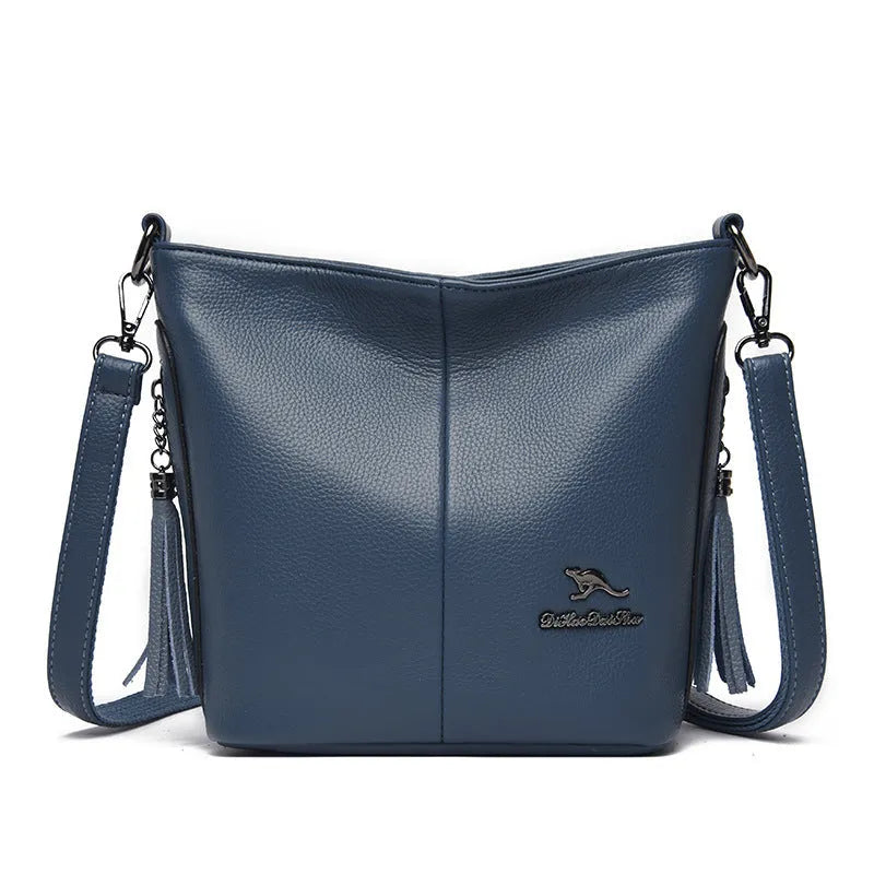 Women's large capacity soft PU leather bucket bag in five colours red green blue black yellow with slit pocket