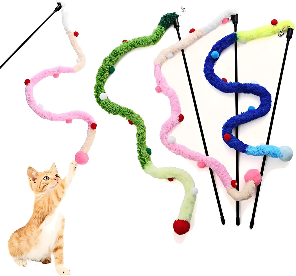 Interactive cat wand toy with colourful fluffy ball and bell on 60cm plush strip
