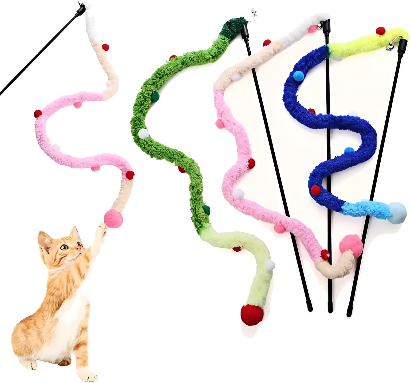 Interactive cat wand toy with colourful fluffy ball and bell on 60cm plush strip