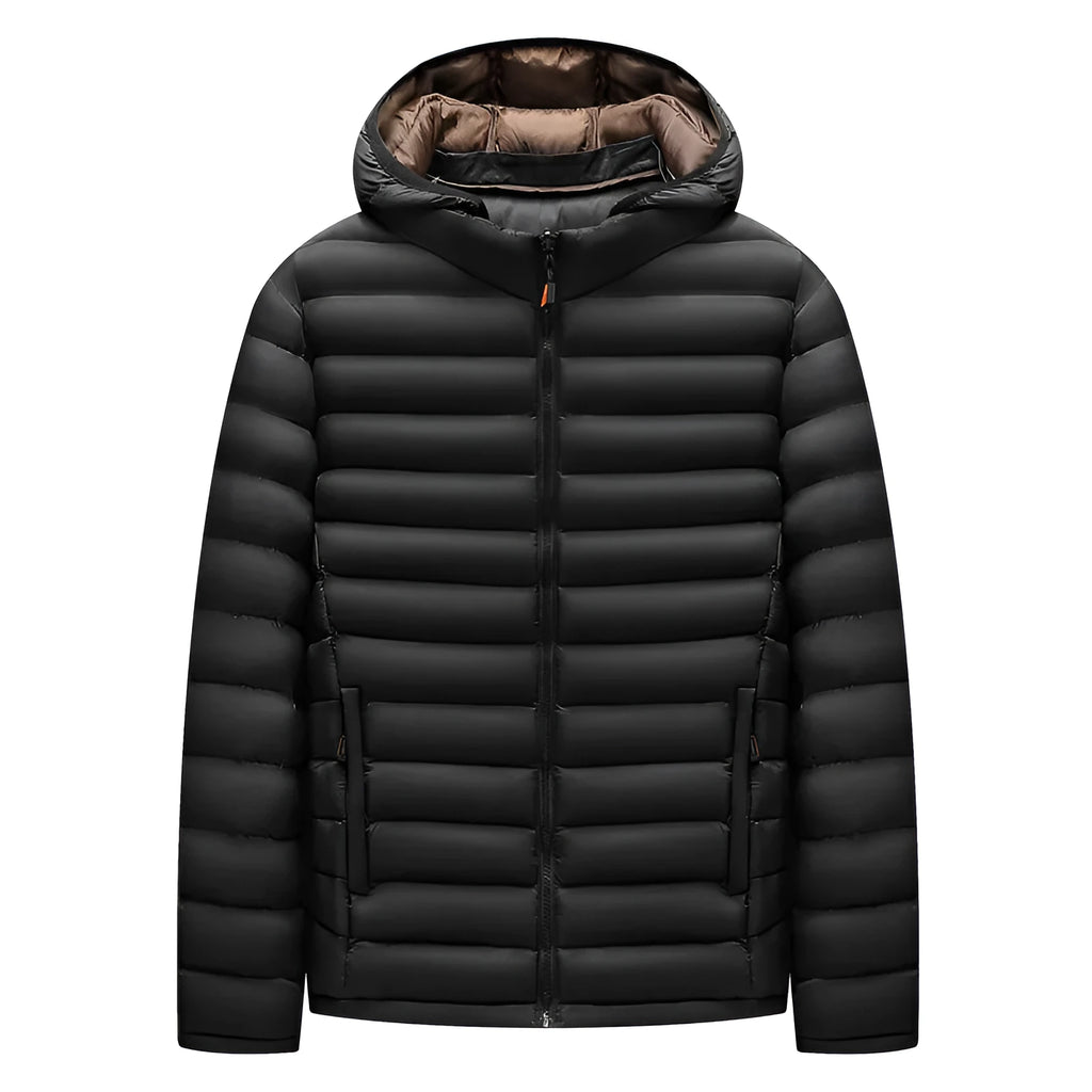 Men's lightweight black down jacket with a hood and detachable collar, showing zipper and pocket detail.