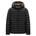 Men's lightweight black down jacket with a hood and detachable collar, showing zipper and pocket detail.