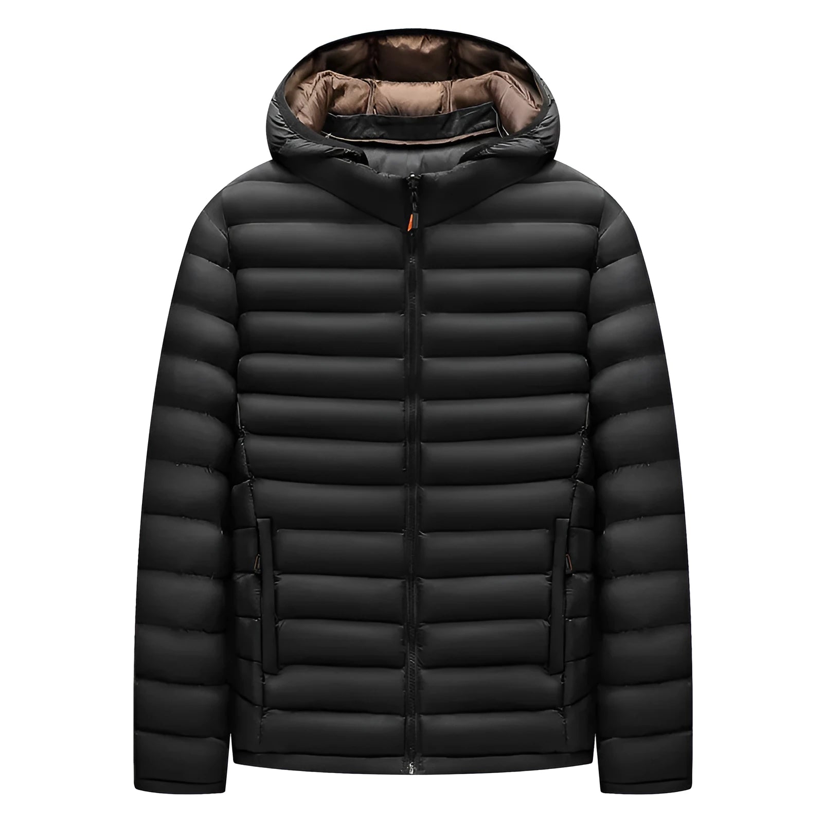 Men's lightweight black down jacket with a hood and detachable collar, showing zipper and pocket detail.