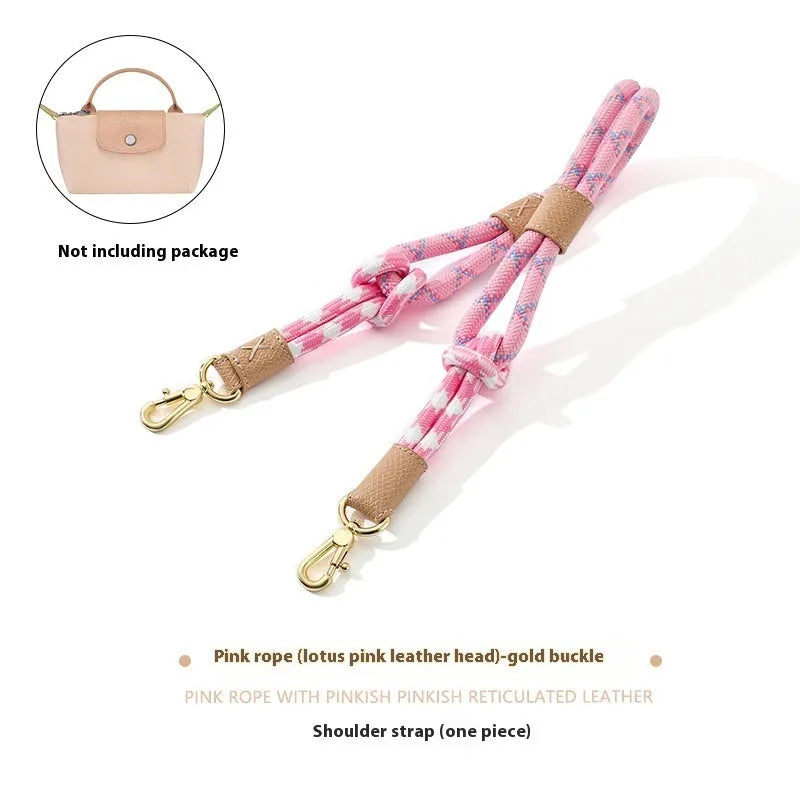 Braided nylon and cowhide leather crossbody strap with alloy buckle in gold or silver finish