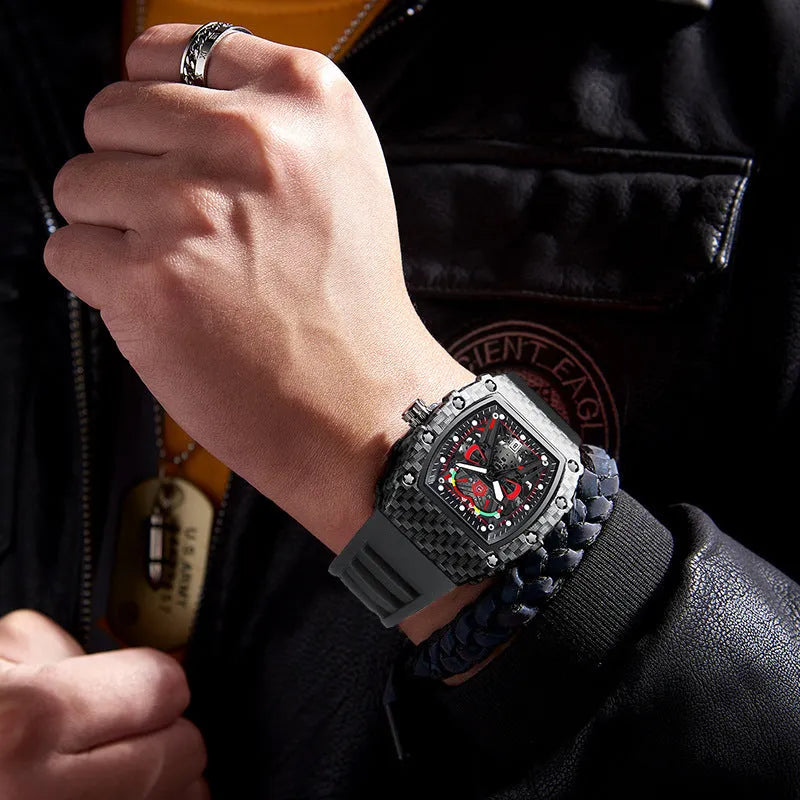 Trendy waterproof luminous men's quartz watch with black shell and red belt, alloy case, 18mm thickness