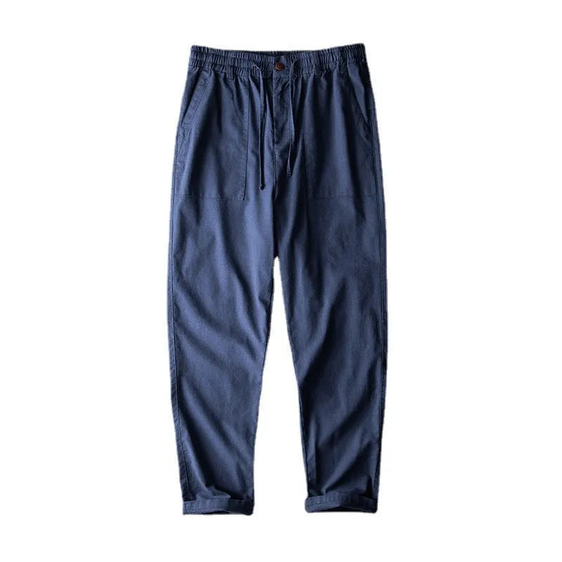 Men's linen casual trousers in navy blue, apricot linen and grey colours with mid waist design