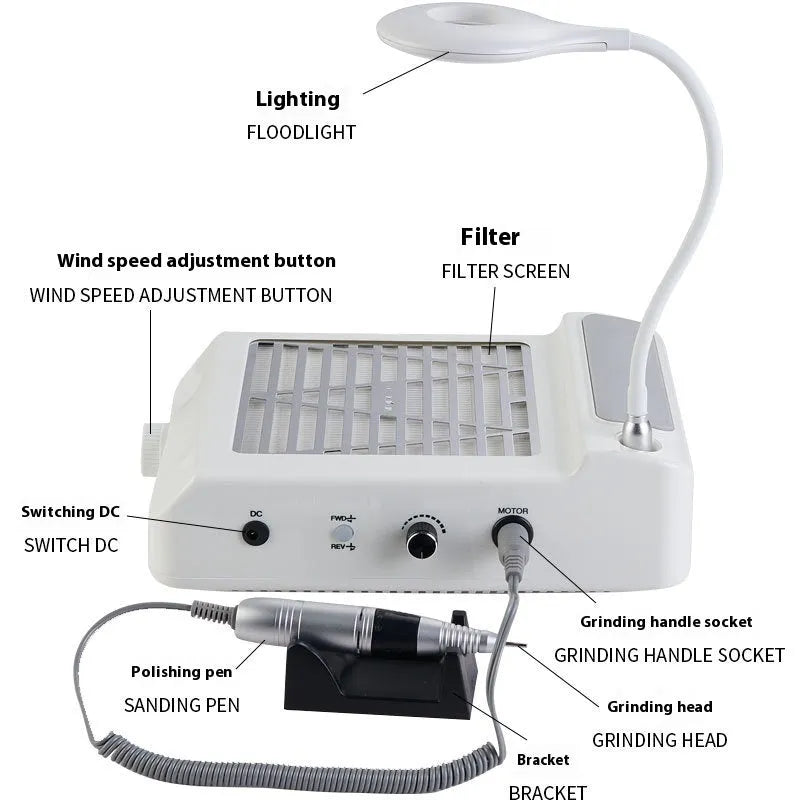 White four-in-one nail polishing machine with vacuum cleaner and international power adapters