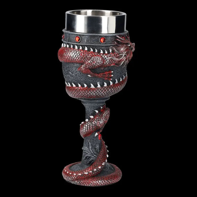 Red wine glass with 3D Chinese dragon decoration in gold or red colour.