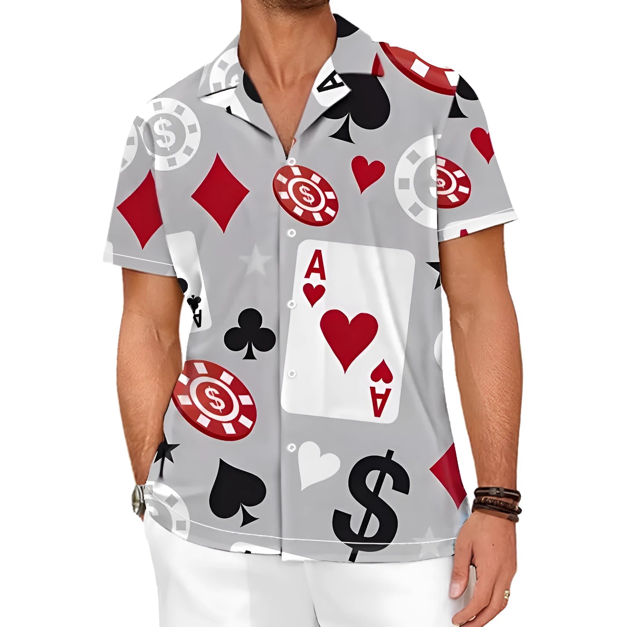 Men's slim fit camouflage pattern short sleeve shirt in a cardigan style.