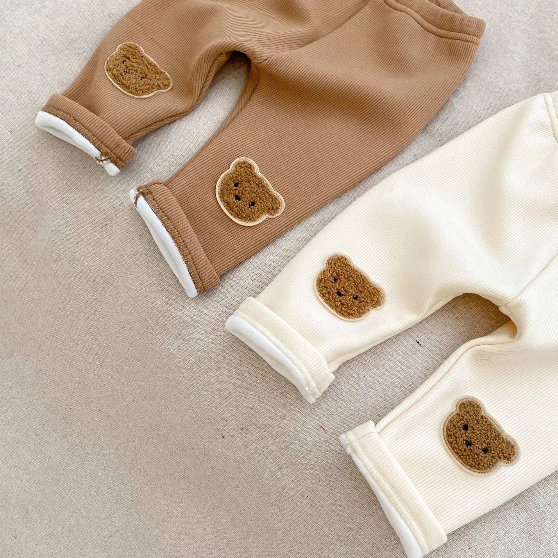 Cotton bear embroidered high-waist trousers for children, autumn winter, milk apricot colour