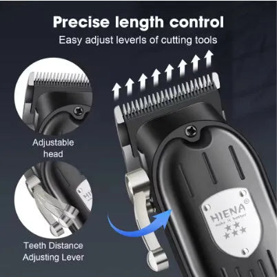 Black professional hair clipper set with USB charging port and adjustable length settings