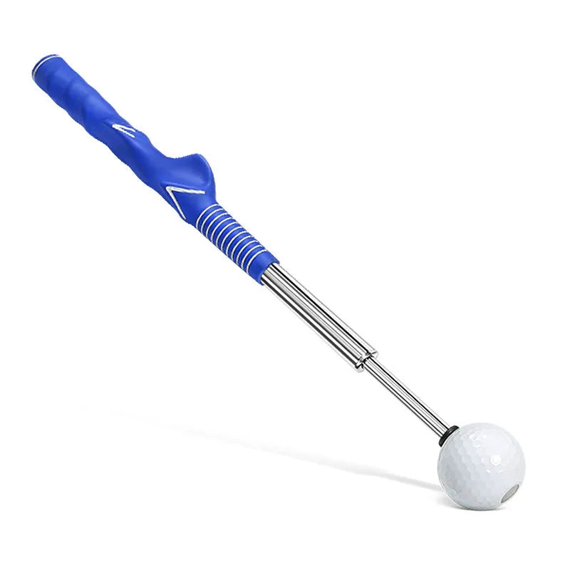 Telescopic golf swing trainer with stainless steel construction in black, blue, or red colours