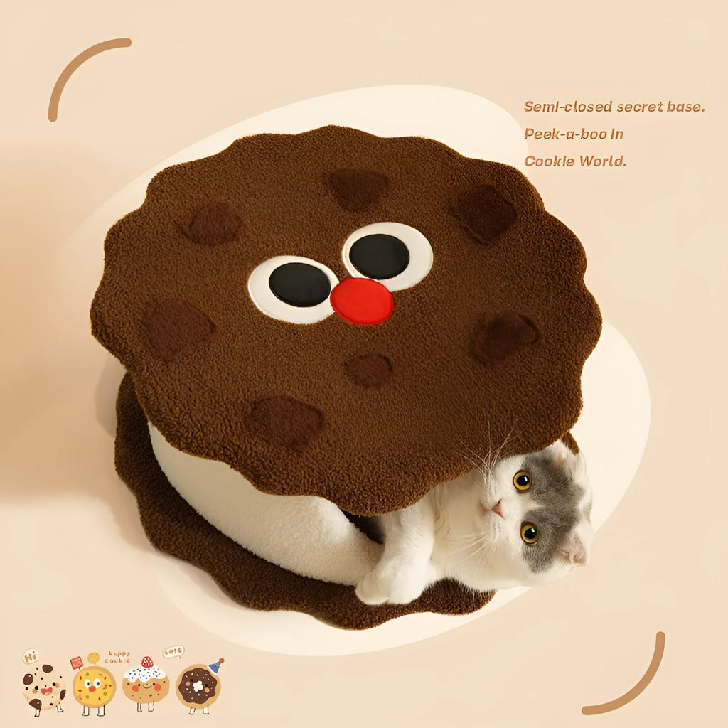 Khaki sandwich cookie shaped cat bed made from faux fur, closed design for cold weather sleeping