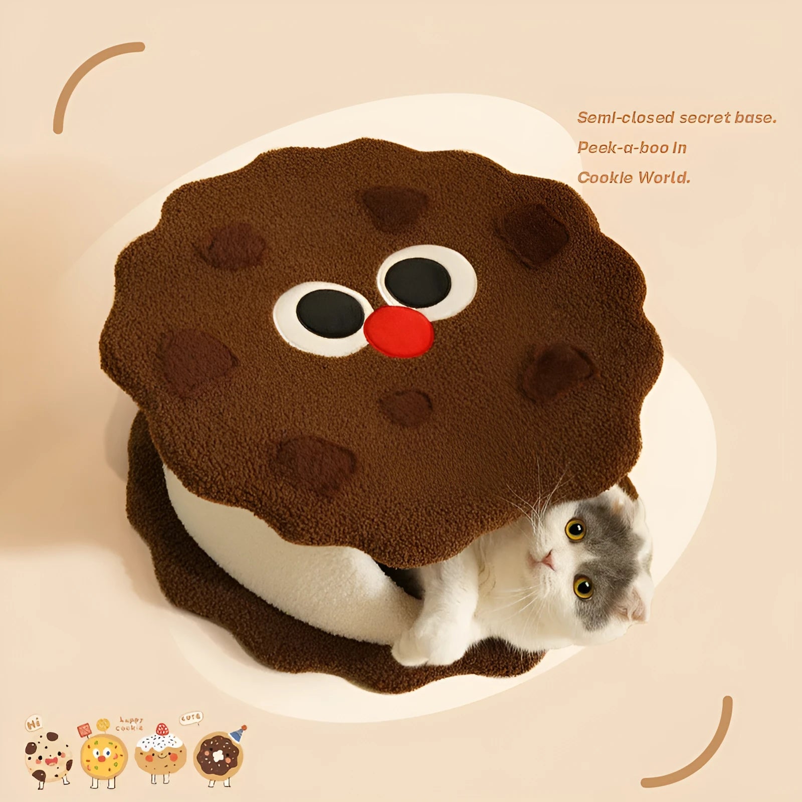 Khaki sandwich cookie shaped cat bed made from faux fur, closed design for cold weather sleeping