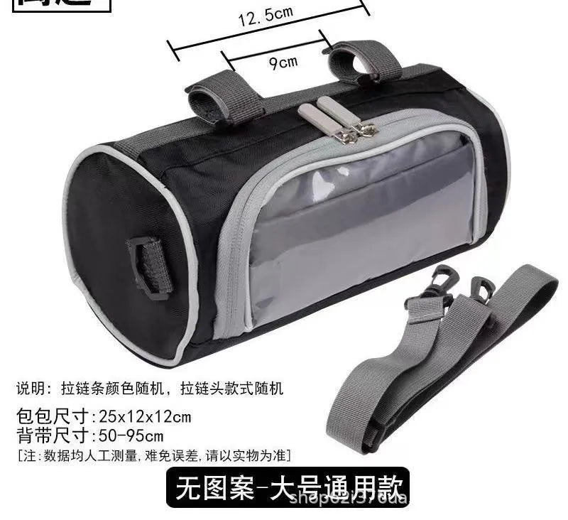 Mountain bike touch screen navigation front bag in black Oxford cloth with handlebar mounts and 5 inch device capacity