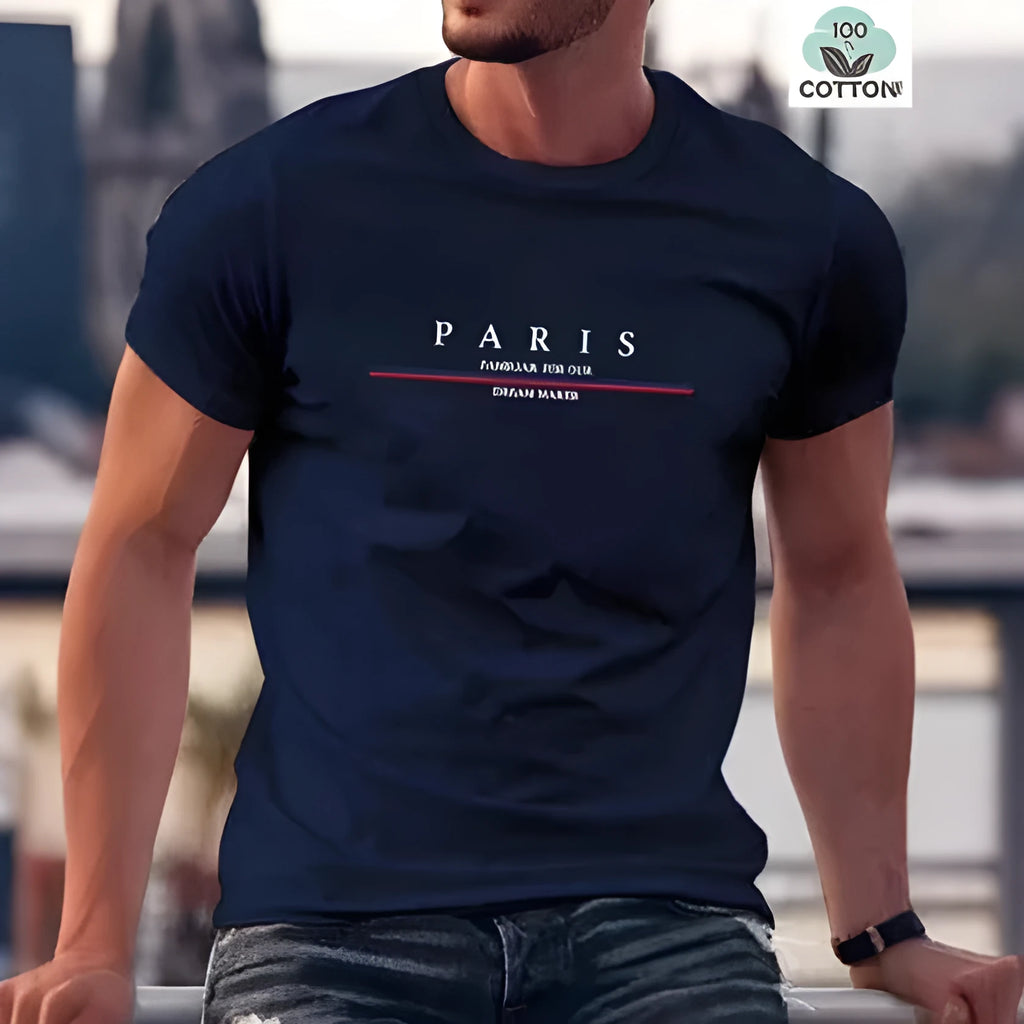 Men's white short-sleeved t-shirt with black letter print design on pure cotton fabric