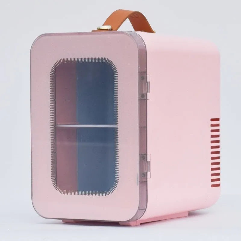 Pink, black and white 6L beauty mini refrigerator with transparent door for car and home dual-use